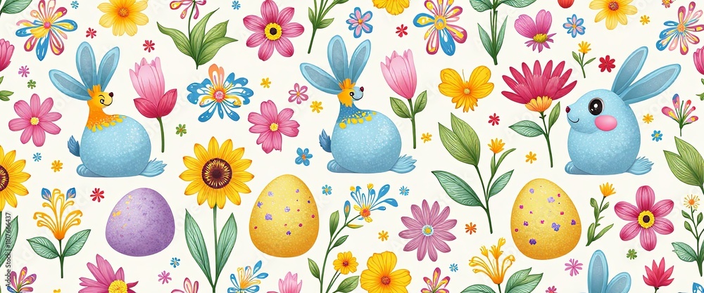 Poster a colorful floral pattern with a bunny and a mushroom. the bunny is sitting on a flower and the mush