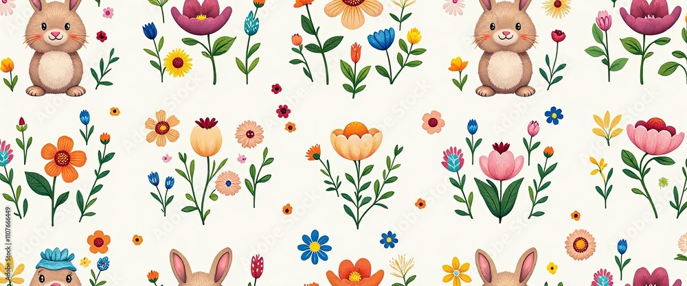 Poster a colorful floral pattern with a bunny and a mushroom. the bunny is sitting on a flower and the mush