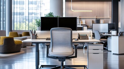 Concept of an office worker featuring ergonomic desk setup, contemporary office design, and efficient organization for professional tasks