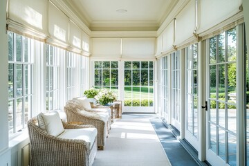 Obraz premium Bright sunlit room featuring shades on all doors and windows, seen from outside on a sunny, afternoon day