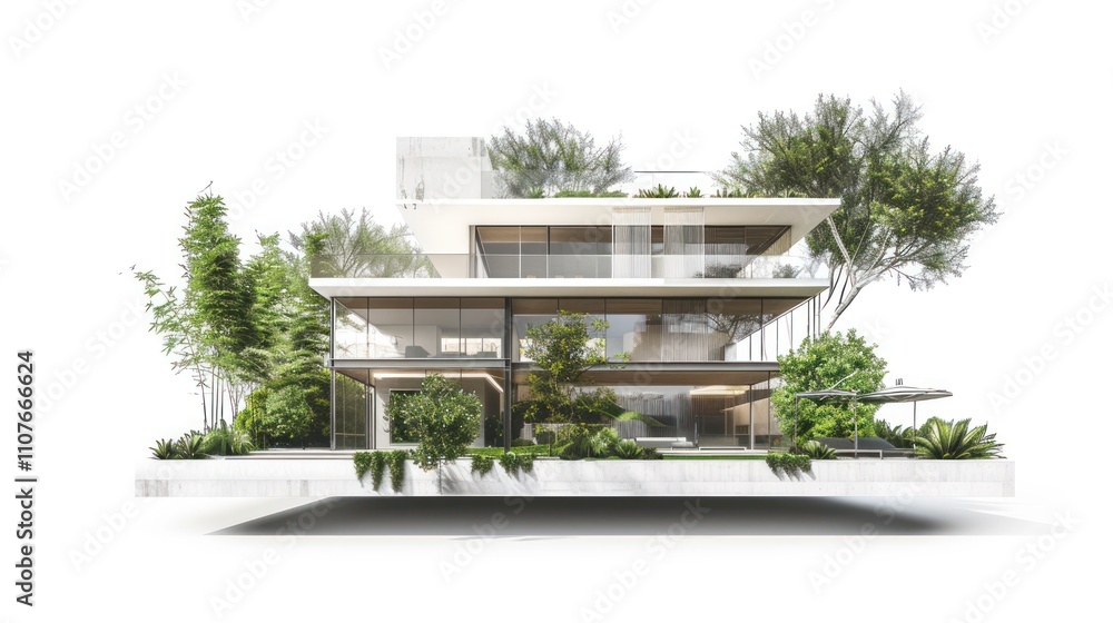 Poster modern architectural design featuring greenery and open spaces.