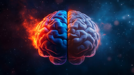 Abstract representation of a human brain with vibrant blue and orange colors and cosmic background