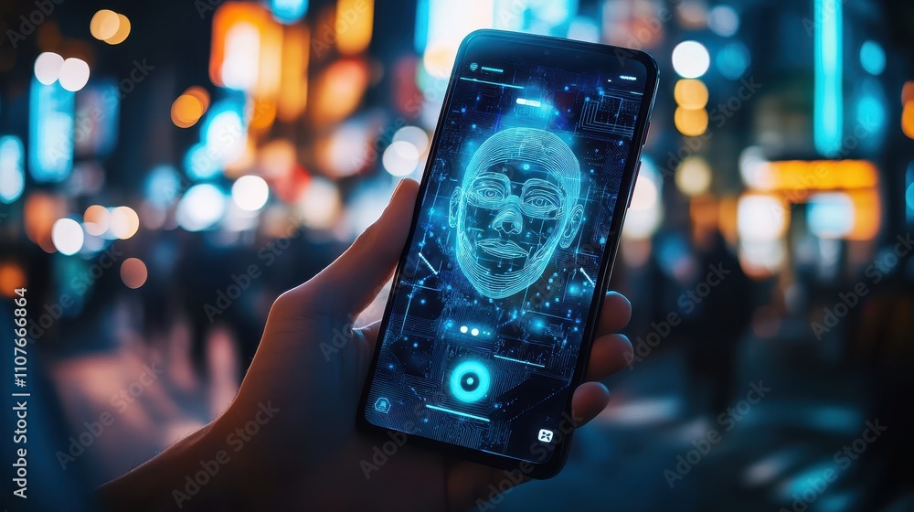 Poster a close-up of a smartphone displaying an ai facial recognition app interface, with a hand holding th