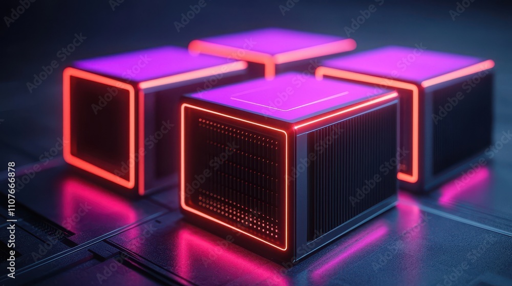 Fototapete a futuristic digital rendering of glowing cubes with neon edges, arranged in an artistic formation o