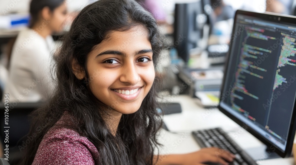 Poster a young woman smiles while coding at her computer in a collaborative workspace.