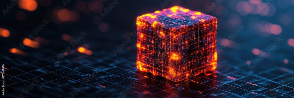 Poster a glowing, cube-like structure with a grid pattern, illuminated by bright orange and red lights, set