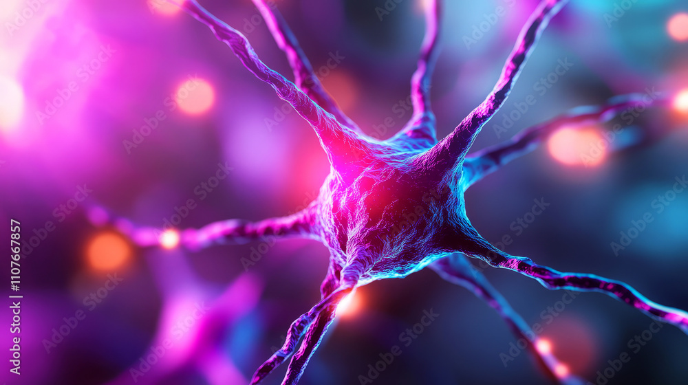 Poster detailed close-up of a neuron cell with colorful background and glowing elements