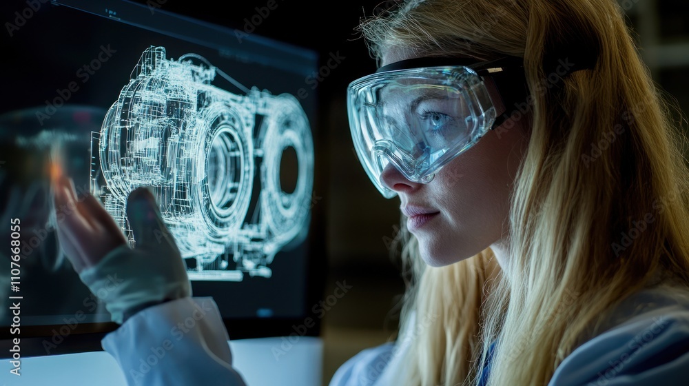 Poster a scientist examines a holographic display of a mechanical component, showcasing technology.