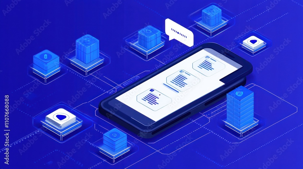Poster a digital illustration of a smartphone surrounded by data storage icons and security elements.