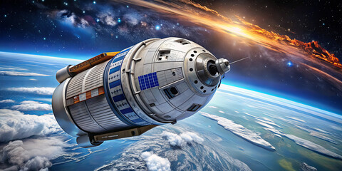 Fototapeta premium A spacecraft floats above Earth, surrounded by a stunning view of clouds and a colorful sunrise illuminating the horizon. The vastness of space creates a dramatic backdrop