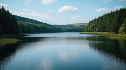 Obraz premium A serene lake forming a sharp upward curve surrounded by untouched landscapes, conveying growth in ecological interest.