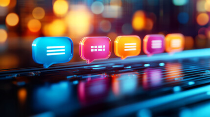 Colorful speech bubbles with glowing lights on dark background, digital communication concept