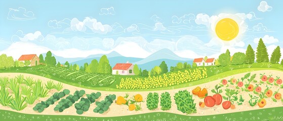 Naklejka premium A cartoon drawing of a small town with houses and trees