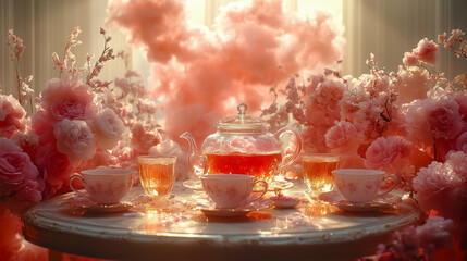 Experience a fairy tale tea party with animated heart-shaped clouds and fantastical creatures, perfect for creating a magical Valentine's ambiance in studios and events