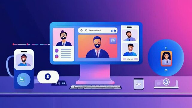 A digital workspace featuring a video call interface and various user avatars.
