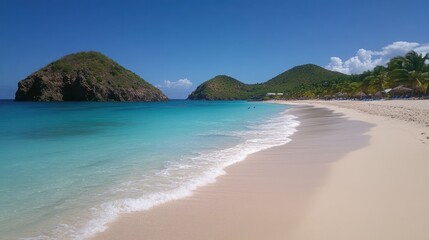 Stunning Caribbean Beach Paradise: Turquoise Waters, White Sands, and Lush Green Hills
