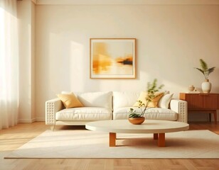 A modern living room with a large, plush white sofa, a low oval coffee table, and a framed abstract artwork on the wall, japandi design