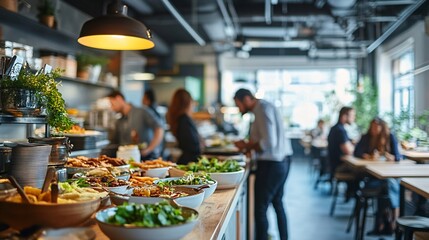 Concept of work lunch with visuals of contemporary office cafeteria, diverse meal options, and professionals enjoying a relaxed dining experience