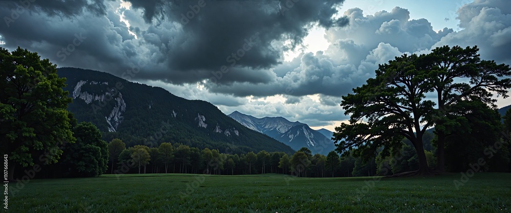 Poster a large tree stands in a field with a stormy sky overhead. the sky is dark and cloudy, and the tree 