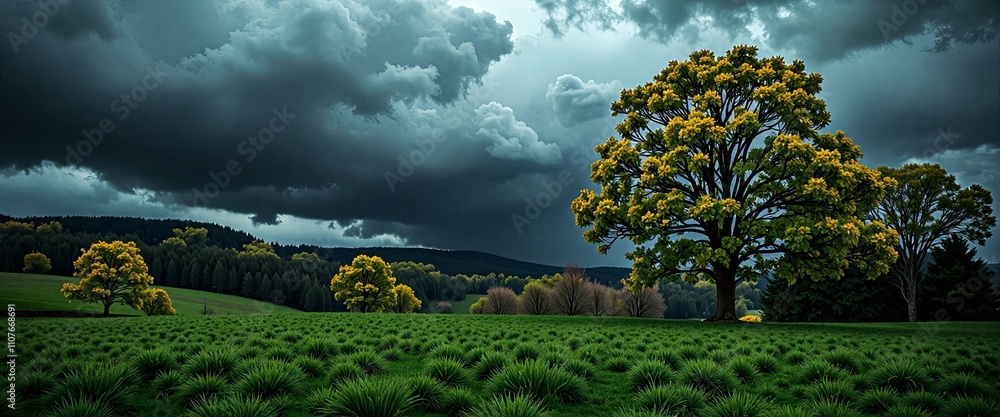 Poster a large tree stands in a field with a stormy sky overhead. the sky is dark and cloudy, and the tree 