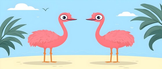 Obraz premium A pink ostrich stands in a field next to a red barn