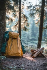 Yellow Backpack Next to Pile of Wood