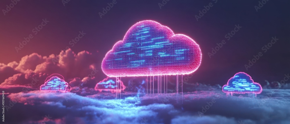 Aufkleber a digital cloud structure illuminated in neon colors, representing data storage and technology.