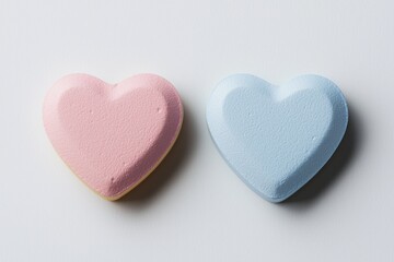 Fototapeta premium Two pastel-colored heart-shaped candies, one pink and one blue, placed side by side on a light background.