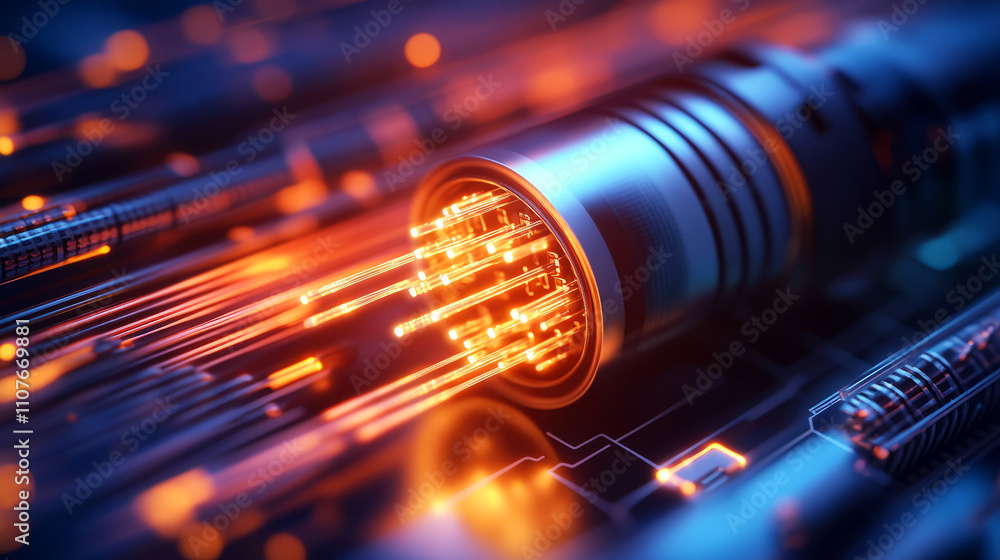 Aufkleber futuristic technology close-up with bright light and flowing data particles in dark background