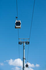 Cable cars, blue sky and white clouds images. Cable cars on steel cables above a clouds on Mount Uludağ. Teleferik in Bursa, Turkey (T&uuml;rkiye). cable cars going through the mountain, uludag bursa
