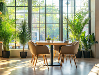 Obraz premium Przestrzeń coworkingowa z dużymi oknami, roślinami i nowoczesnymi meblami.