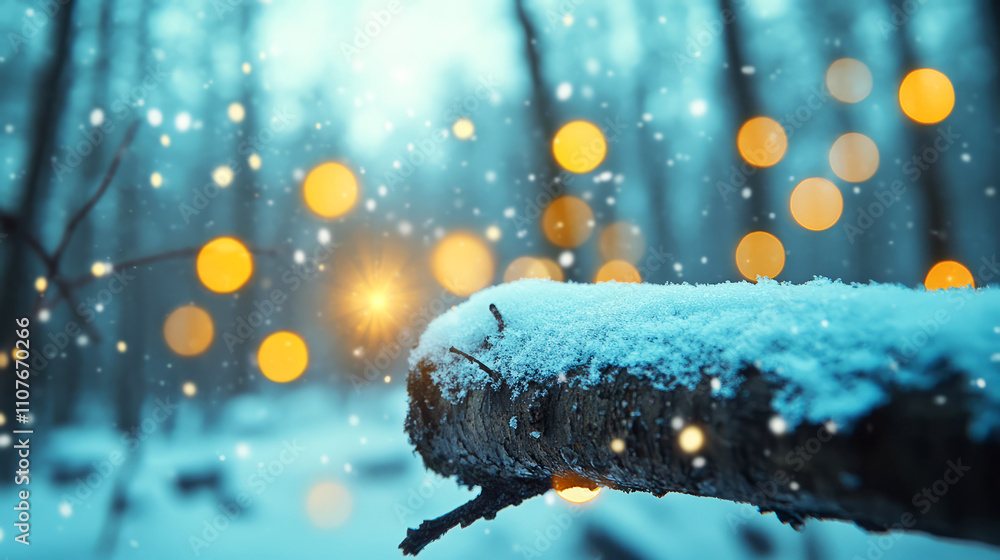 Aufkleber snow-covered log in winter forest with soft bokeh lights and falling snowflakes
