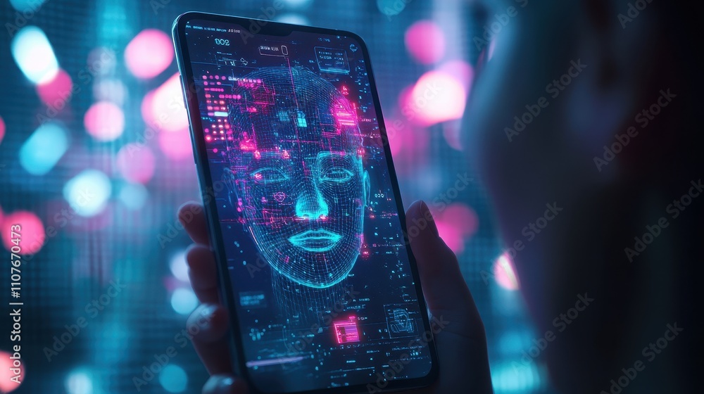 Aufkleber a detailed view of a phone showing a vibrant ai facial recognition interface, held upright by a user