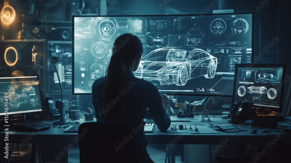 Aufkleber A woman is focused on developing cutting-edge automotive designs in a modern workspace filled with screens displaying technical schematics.