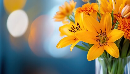 Obraz premium A vibrant bouquet of yellow lilies and daisies in a glass vase, set against a soft, blurred background, creating a cheerful and bright atmosphere.