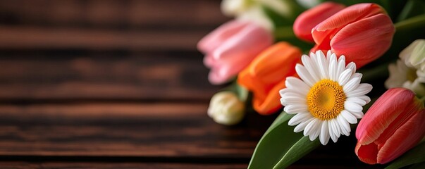 Obraz premium A vibrant arrangement of tulips and a daisy on a wooden surface, showcasing a beautiful blend of colors in a natural setting.