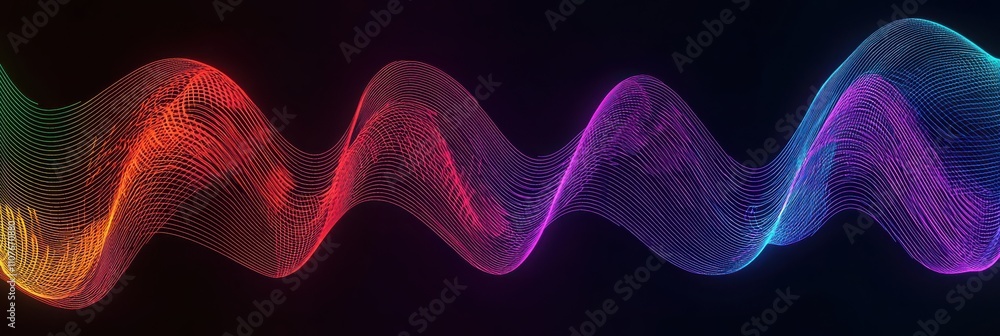 Poster colorful, abstract wave pattern with a dynamic design, representing sound waves or digital signals a