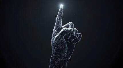 A white hand pointing upwards, against a dark background, with glowing lines in the style of intricate black and grey illustrations, luminous shadows
