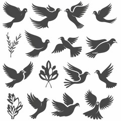Fototapeta premium Peace dove graffiti, pigeons, twigs ink illustration. Flying birds silhouettes monochrome flat icons