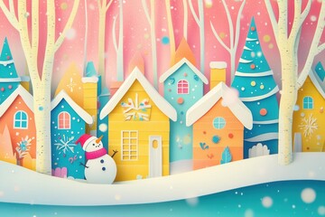 Obraz premium Cut-paper style cottages on a hill, surrounded by trees