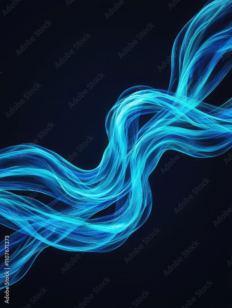 Poster a vibrant blue wave of digital light flows gracefully against a dark background, creating a dynamic 
