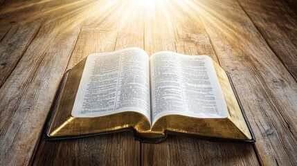 Fototapeta premium Close-up of open Bible on wooden table, sunlight illuminating sacred text, serene contemplative scene with ample copy space for text or design. 