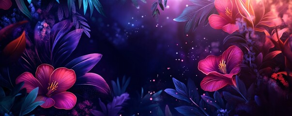 Vibrant flowers blooming in enchanting night garden with fireflies