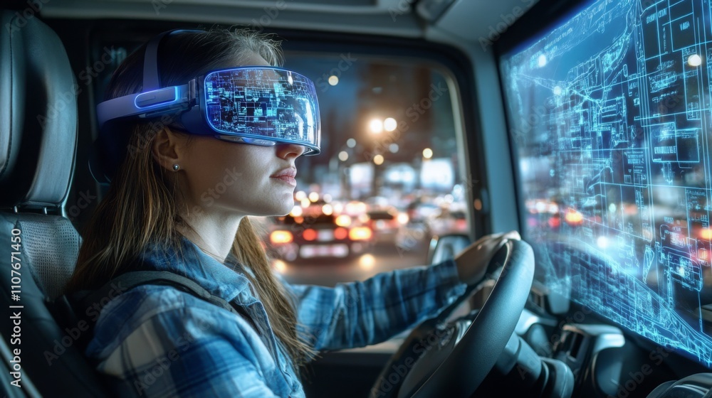 Aufkleber a woman sits in a vehicle wearing a virtual reality headset, focusing intently on a digital display 
