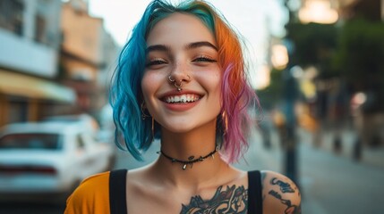 Young woman with colorful hair smiling in an urban setting
