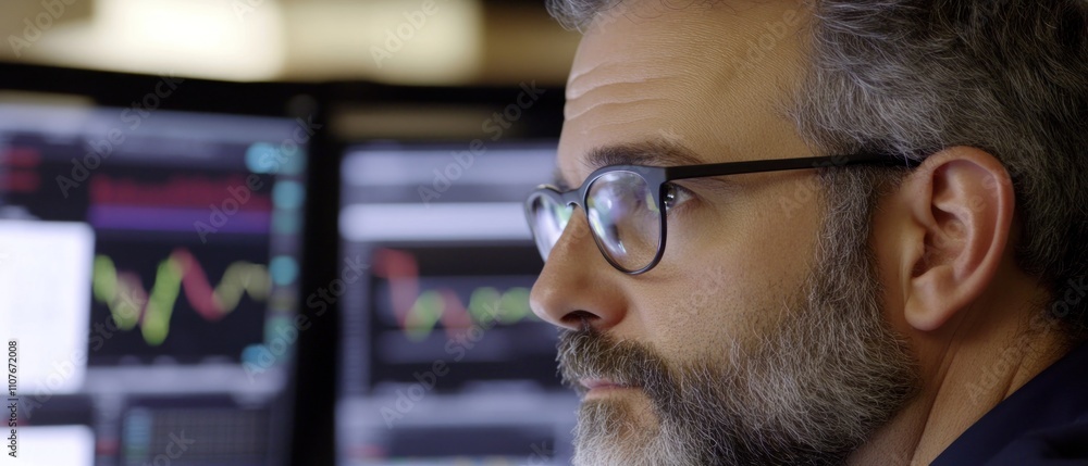Poster A focused individual analyzing data on multiple computer screens.