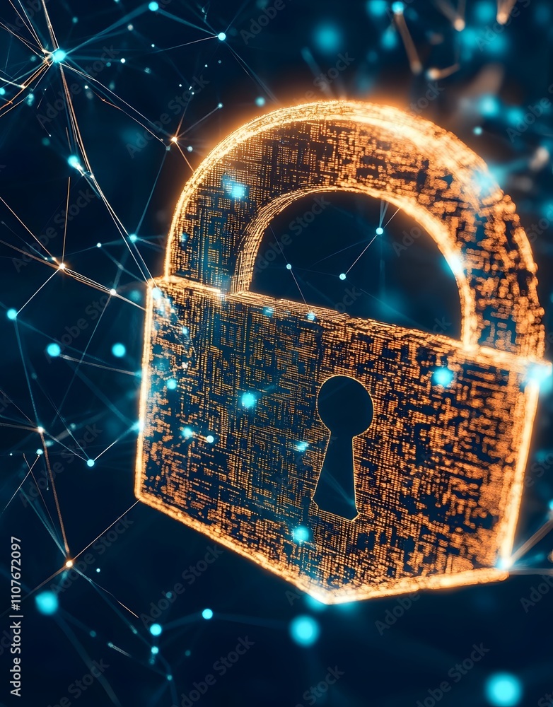 Poster a glowing digital padlock symbolizing cybersecurity and data protection in a networked environment.