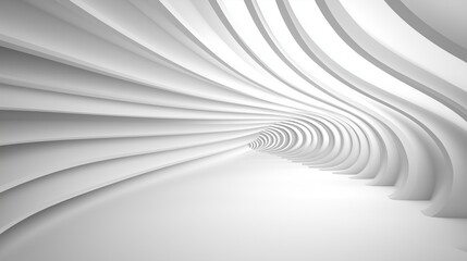Abstract interior hallway featuring smooth white curved walls with soft lighting illuminating the elongated space