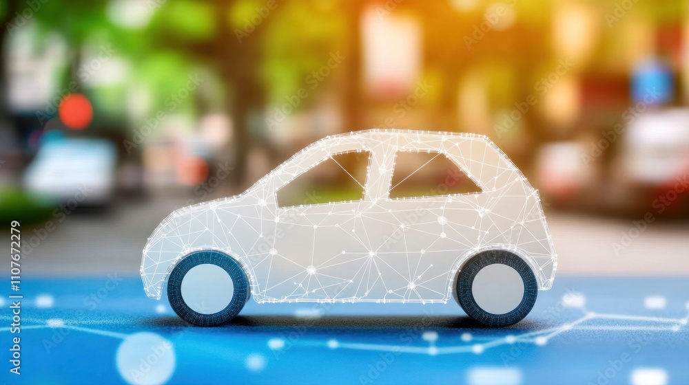 Poster a digital representation of a car with a network design, symbolizing technology and innovation.
