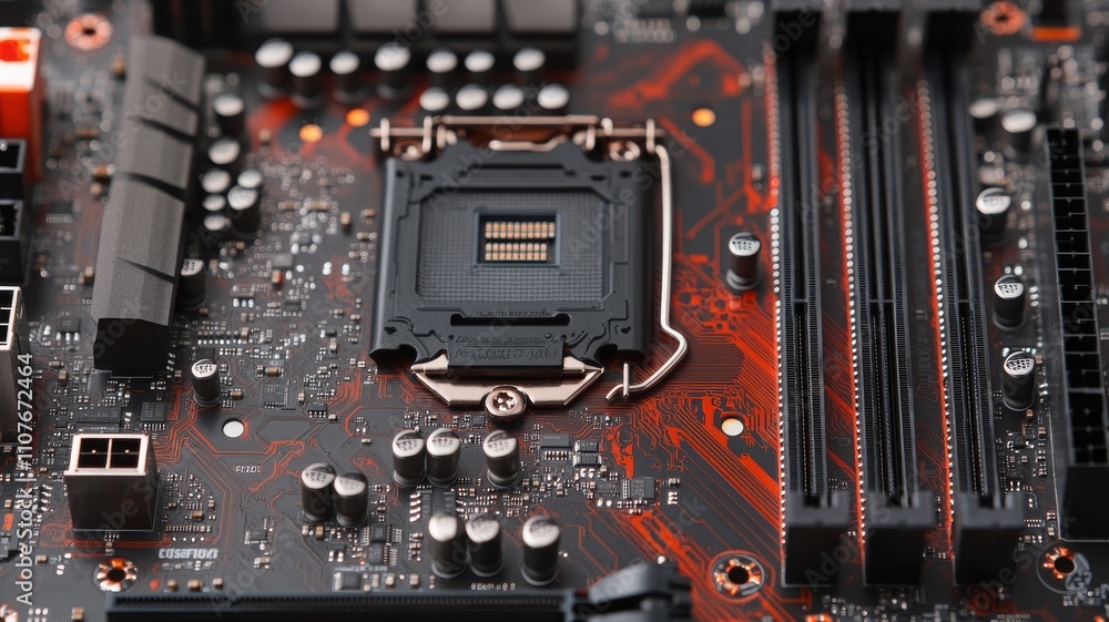 Aufkleber close-up of a computer motherboard showcasing its intricate design and components, ideal for technol